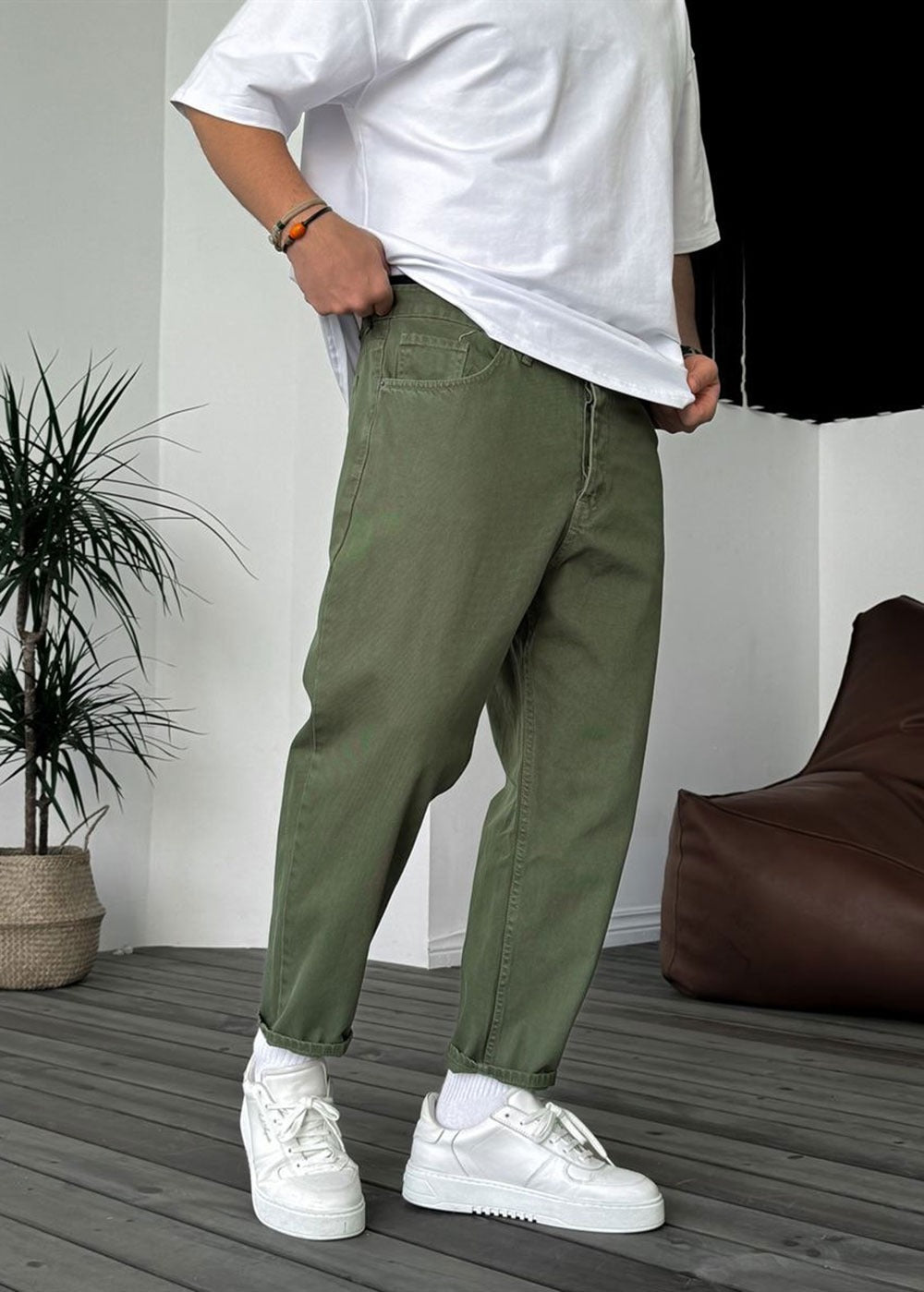Basic Παντελόνι Τζιν Loose Fit -Χακί – 2