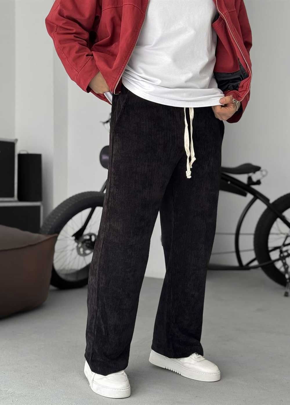 Κοτλέ Corduroy Baggy Παντελόνι με Λάστιχο στη Μέση – Μαύρο – 2