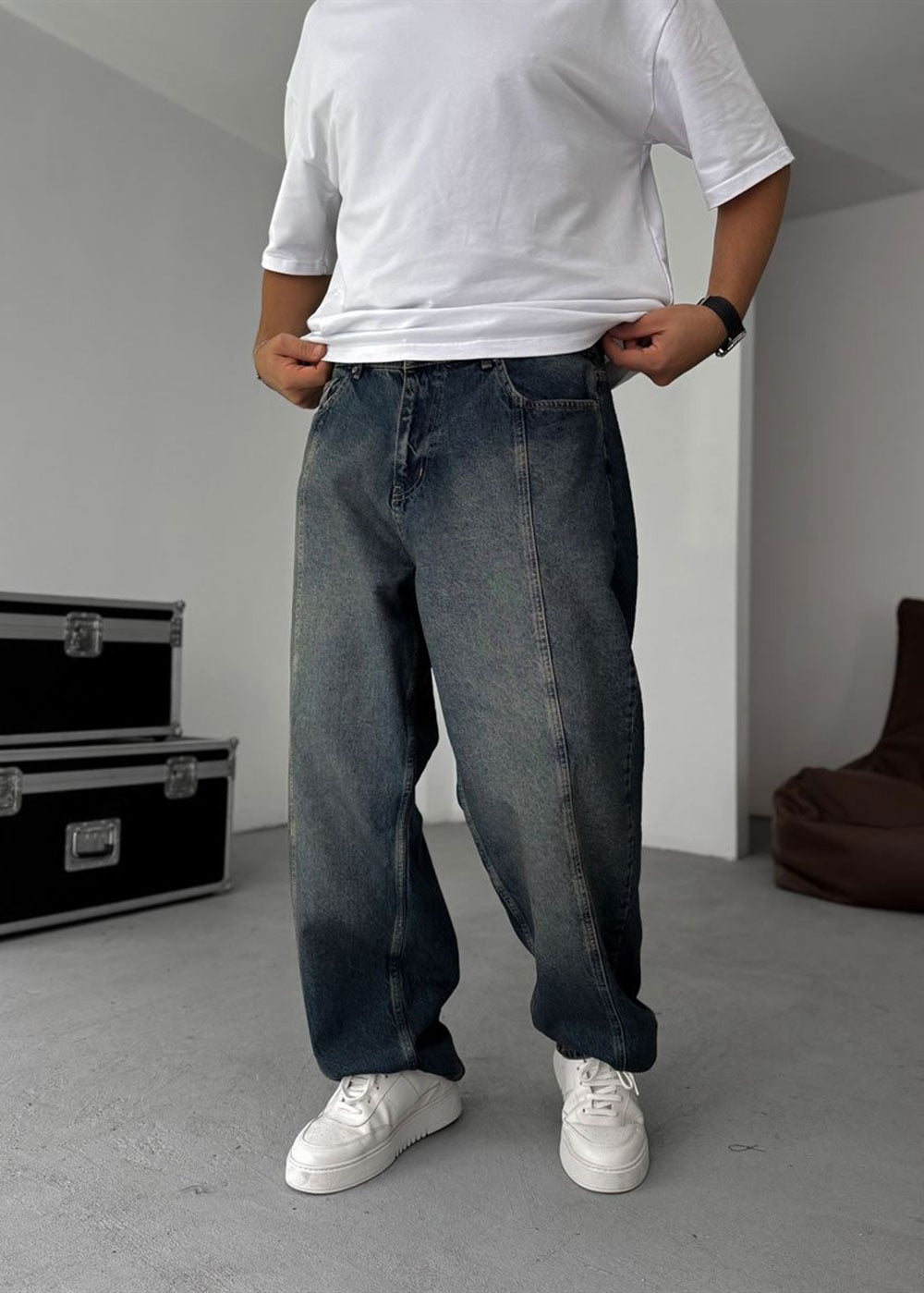 Washed Baggy Jean με Τονισμένη Μπροστινή Ραφή – Μπλε Πεπαλαιωμένο – 5