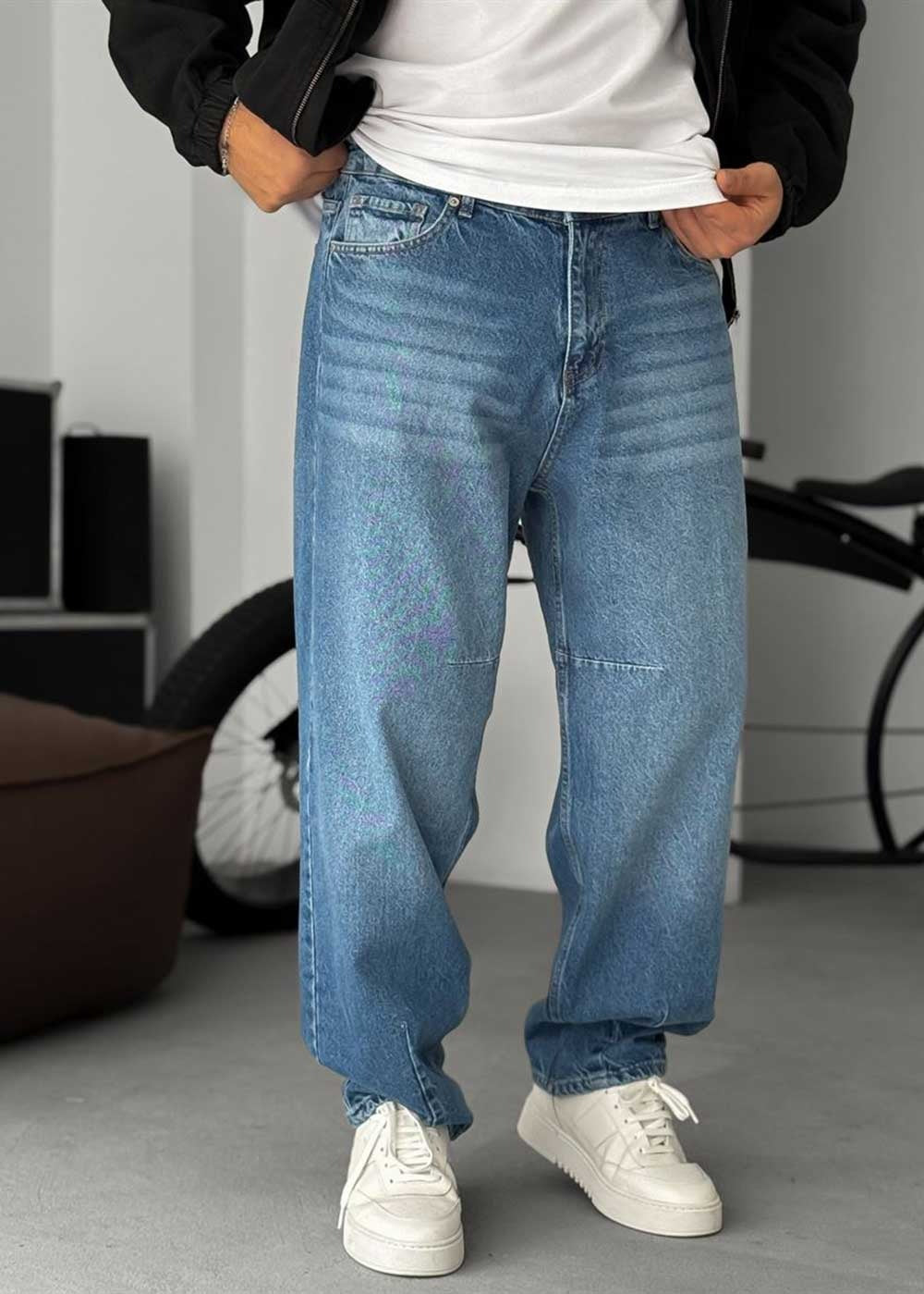 Washed Baggy Jean με Τονισμένες Ραφές – Μπλε
