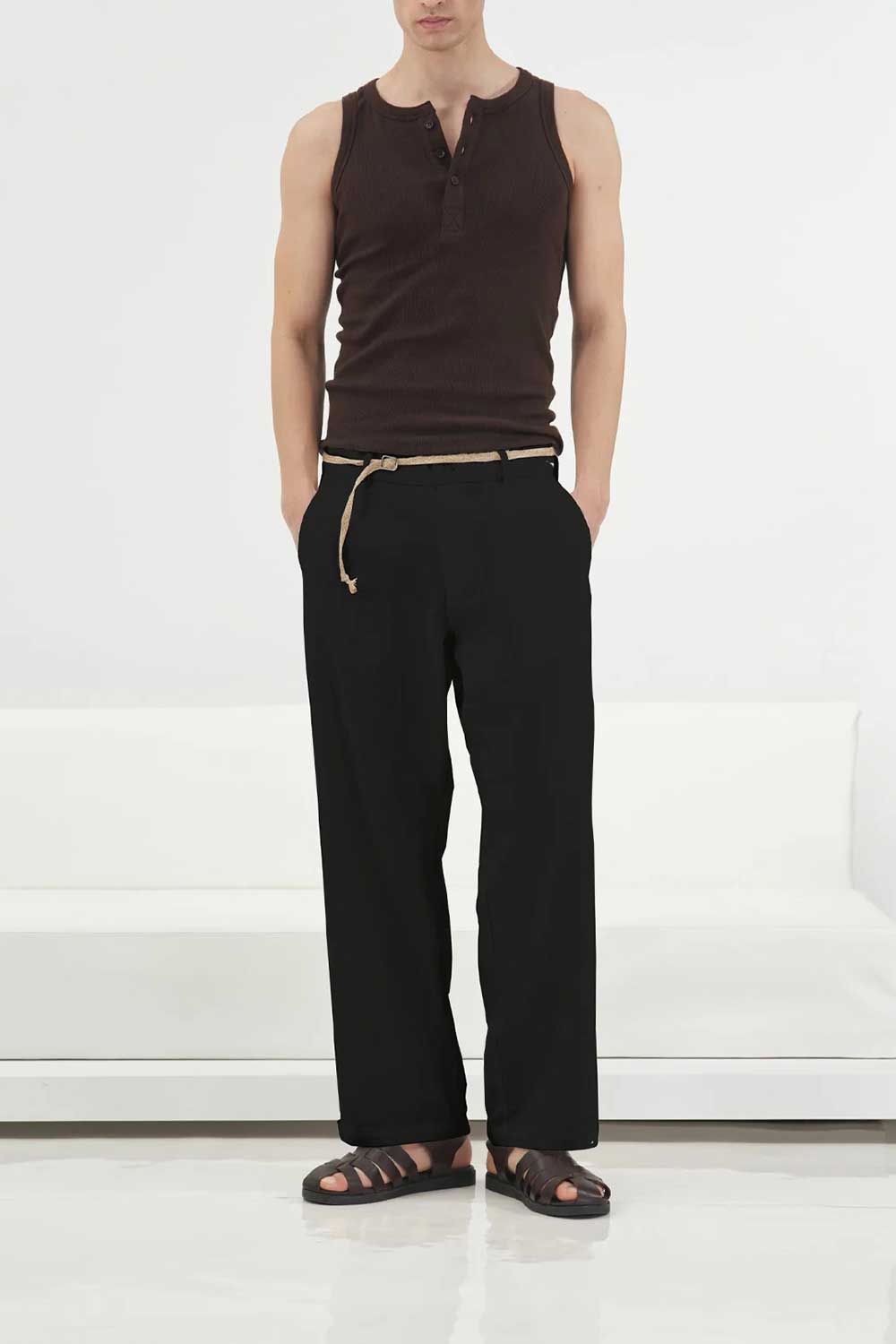 Παντελόνι Linen Straight-Leg με Ψάθινη Ζώνη Studio – Μαύρο