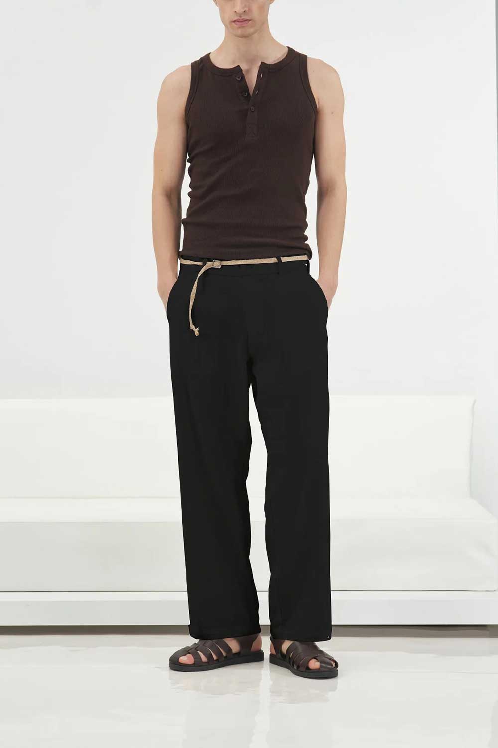 Παντελόνι Linen Straight-Leg με Ψάθινη Ζώνη Studio – Μαύρο