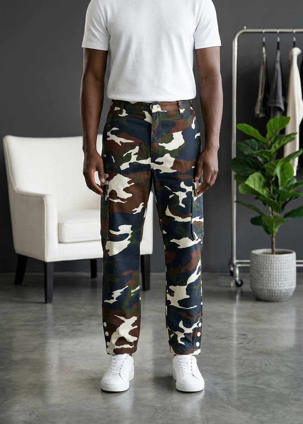Camo Cargo Loose Fit Παντελόνι με Λάστιχο στη Μέση και Κουμπιά στο Τελείωμα – Dark Blue – 3