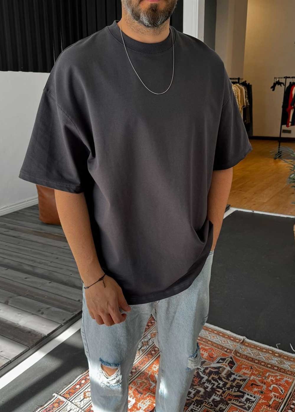 Basic Oversized T-Shirt Με Οβάλ Τελείωμα Σε Ύφανση Δύο Κλωστών-Ανθρακί – 3
