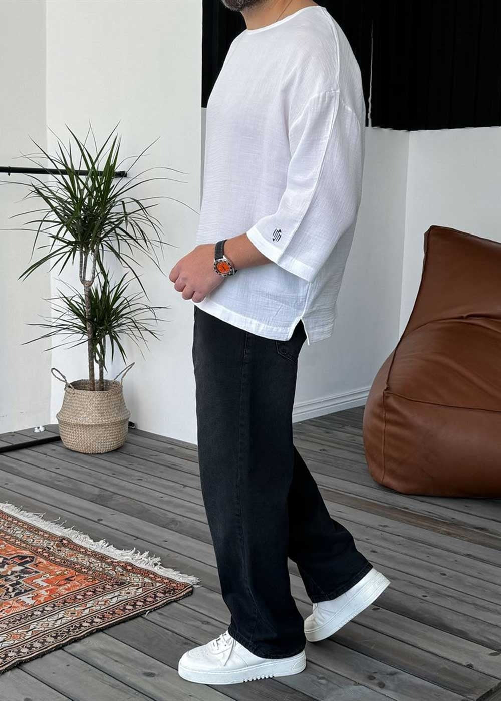 Three-Quarter 3/4 Sleeve T-Shirt σε Ύφανση Μουσελίνα – Λευκό – 3