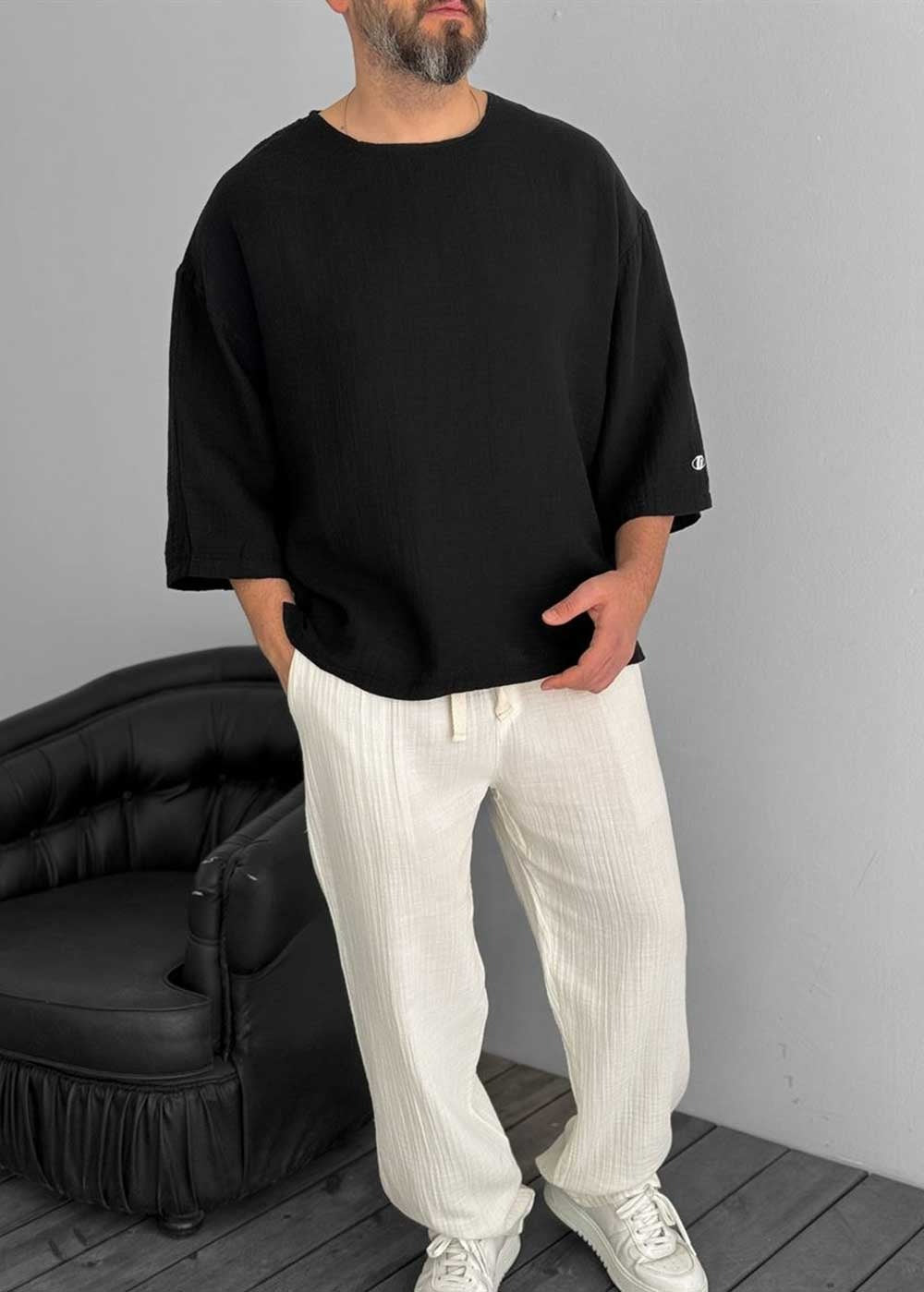 Three-Quarter 3/4 Sleeve T-Shirt σε Ύφανση Μουσελίνα – Μαύρο – 3