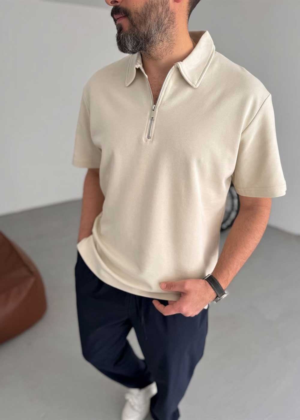 Polo Oversized T-Shirt Με Φερμουάρ – Μπεζ – 3