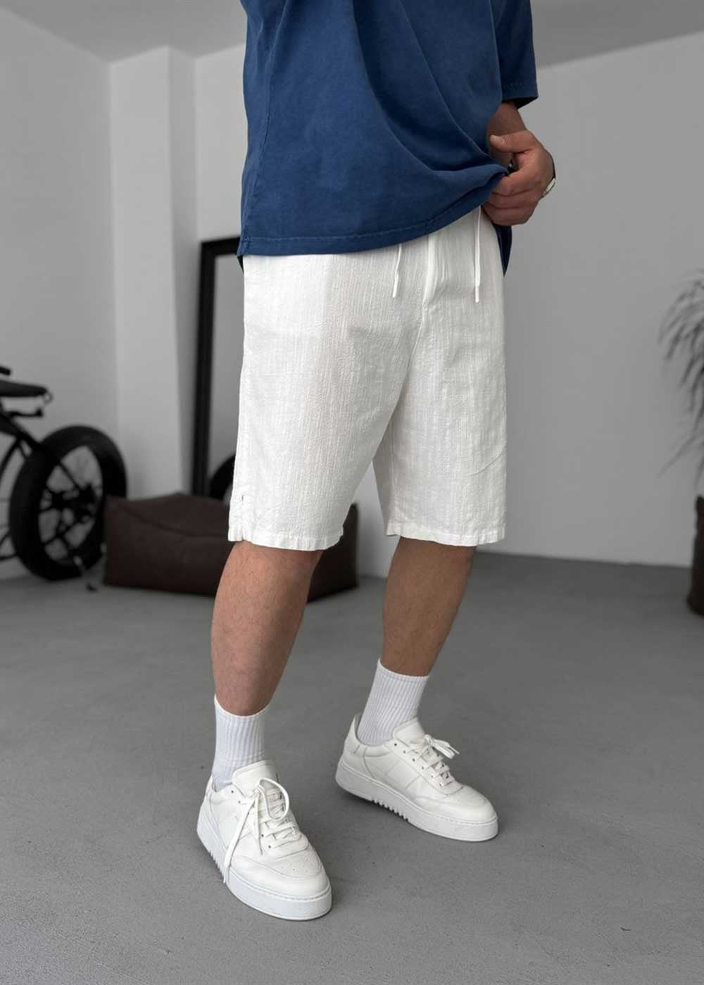 White Texture Βερμούδα με Λάστιχο στη Μέση – Λευκό – 3