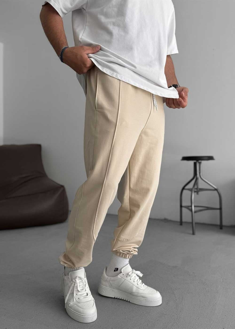 Φόρμα Jogger με Ραφές και Λάστιχο στο Τελείωμα -Μπεζ – 3