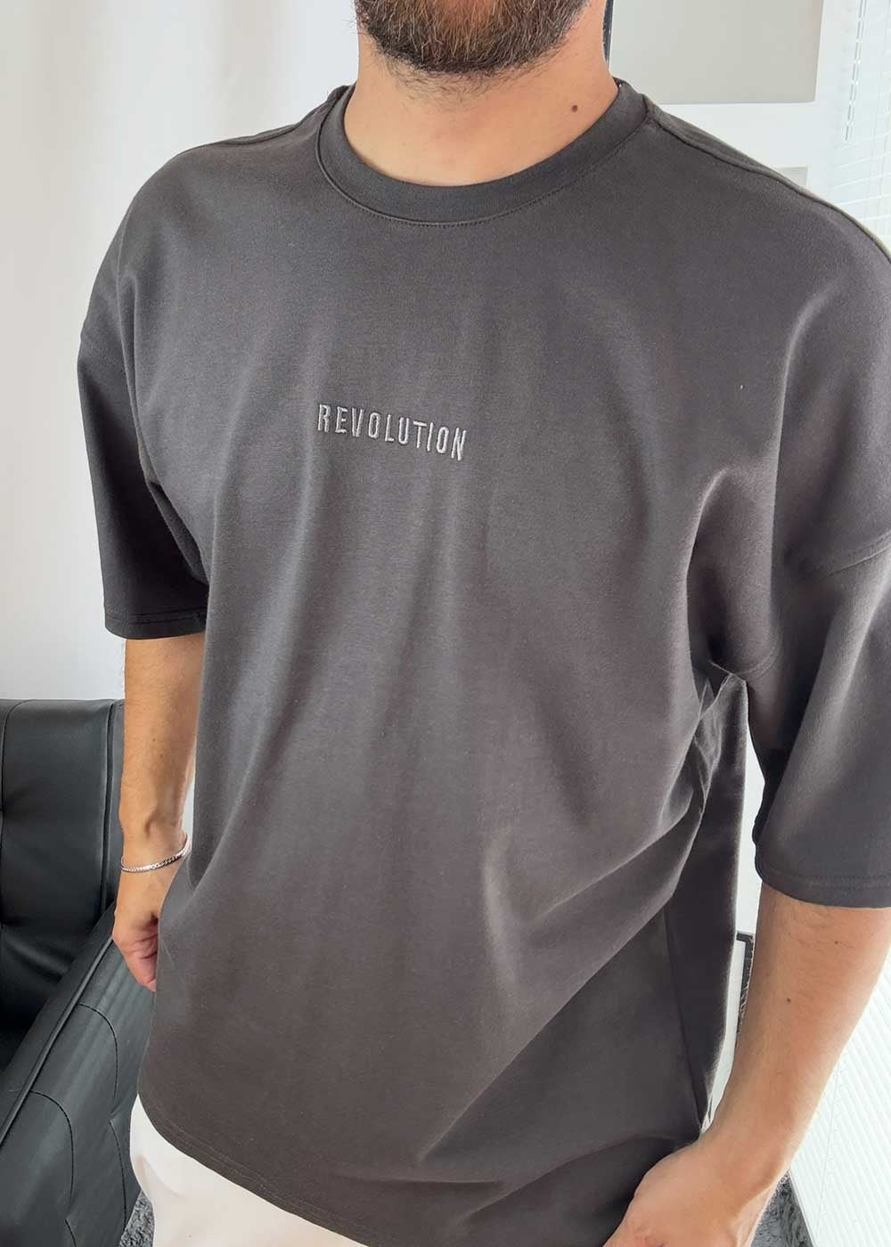 Oversized T-Shirt Revolution Με Κέντημα – Ανθρακί – 3