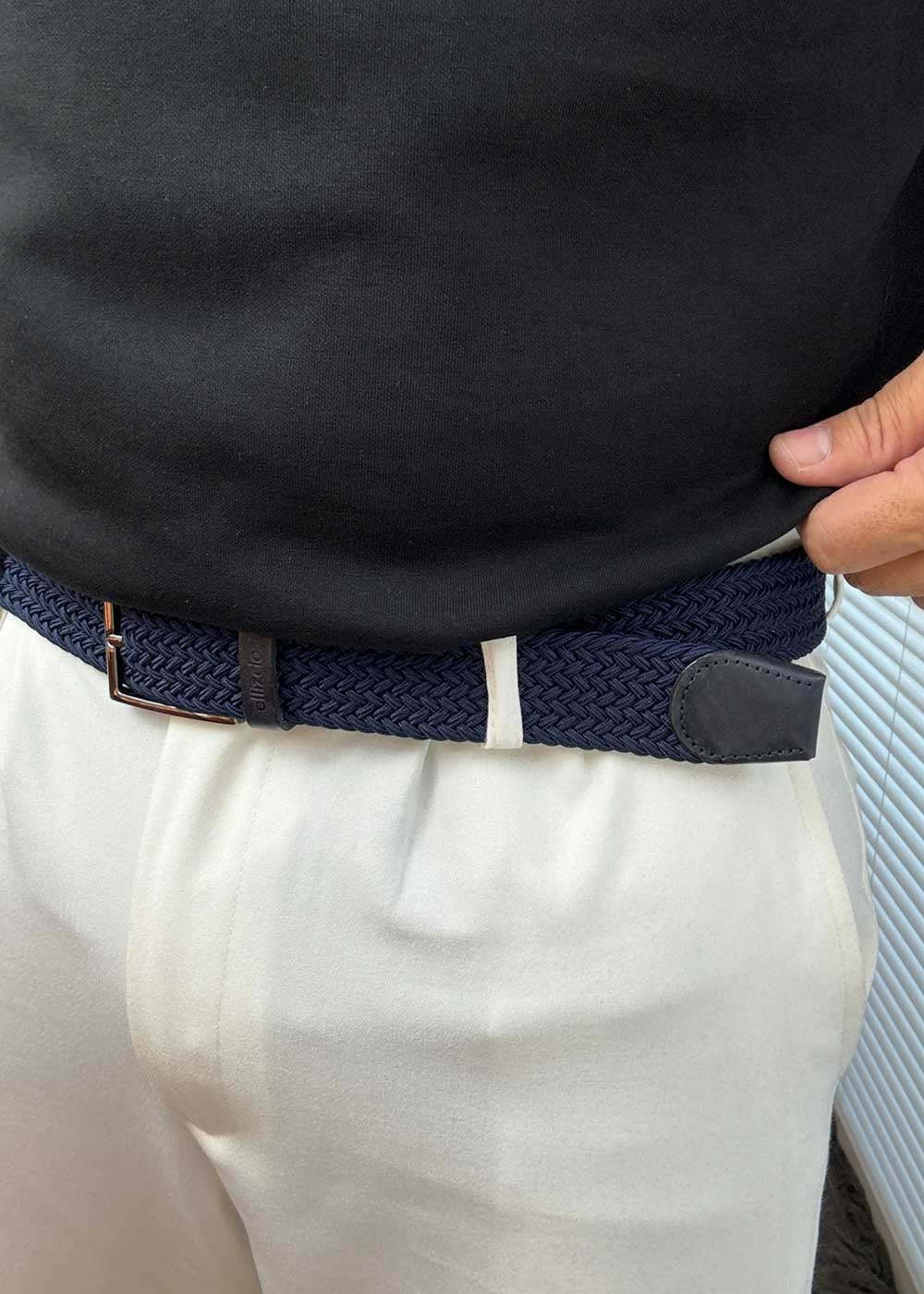 Ellizcloset πλεκτή ελαστική ζώνη με τελείωμα από δέρμα – Μπλε – 4
