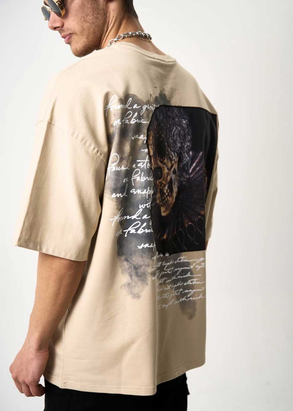 Skull Patches Oversized T-Shirt Με Σχέδιο – Μπεζ – 3