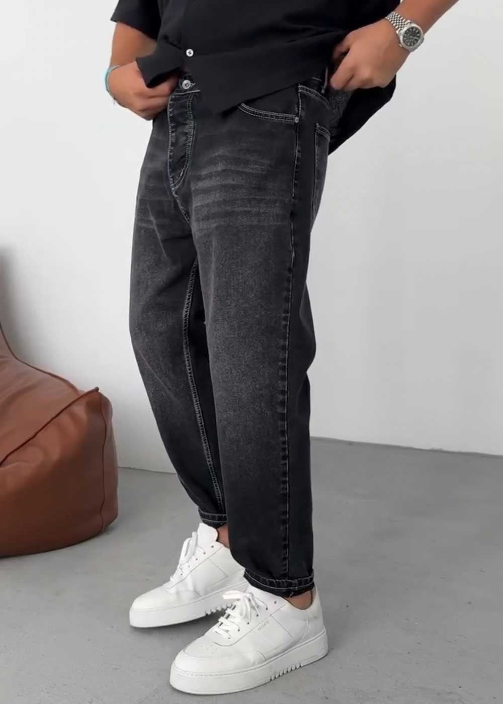 Παντελόνι Τζιν Loose Fit Με Ραφές Και Ξεβαμμένο Εφέ – Ανθρακί – 4