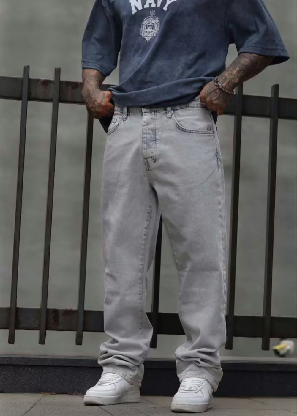 Baggy Denim Τζιν Παντελόνι Ξεβαμμένο Με Μικρές Αντιθέσεις  - Γκρι του πάγου – 2