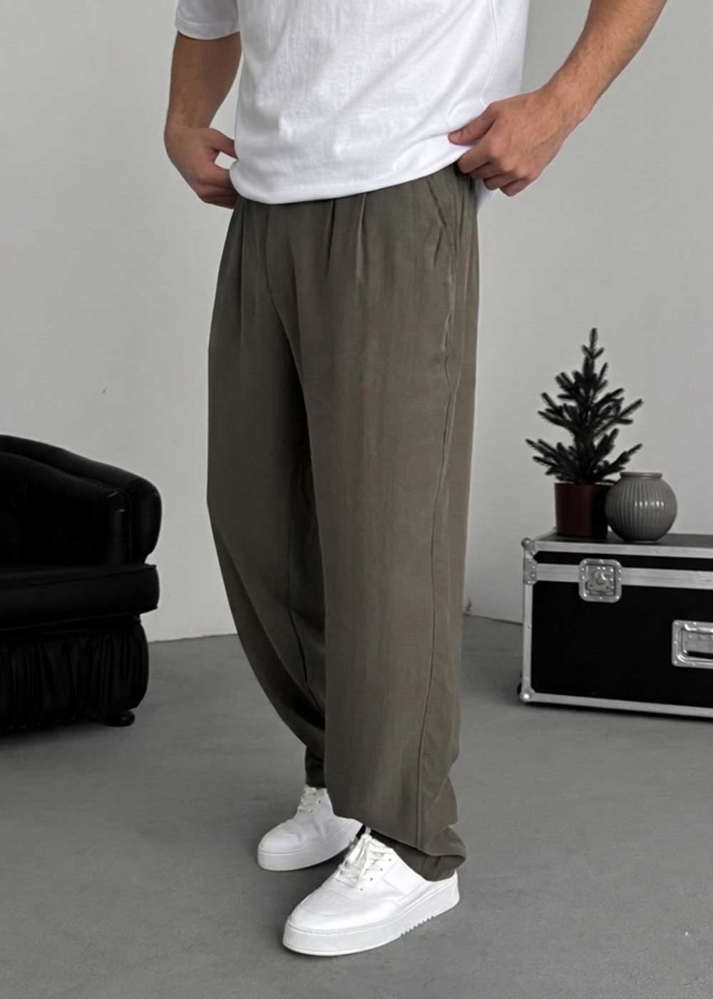 Premium Baggy Παντελόνι από Tencel με Πιέτες – Χακί – 2