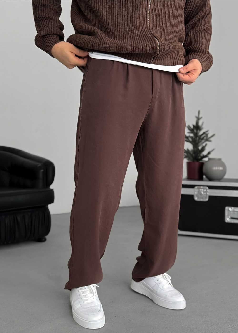 Premium Baggy Παντελόνι από Tencel με Πιέτες – Καφέ – 5