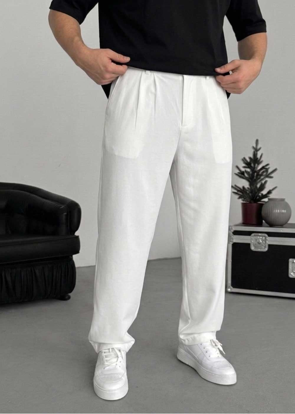 Premium Baggy Παντελόνι από Tencel με Πιέτες – Λευκό – 3