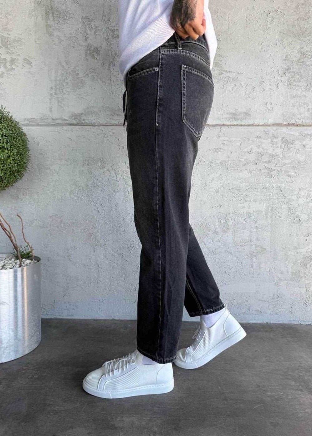 Παντελόνι Τζιν Loose Fit Με Ραφές Και Ξεβαμμένο Εφέ Με Λεπτομέρεια Από Σκισίματα– Ανθρακί – 3