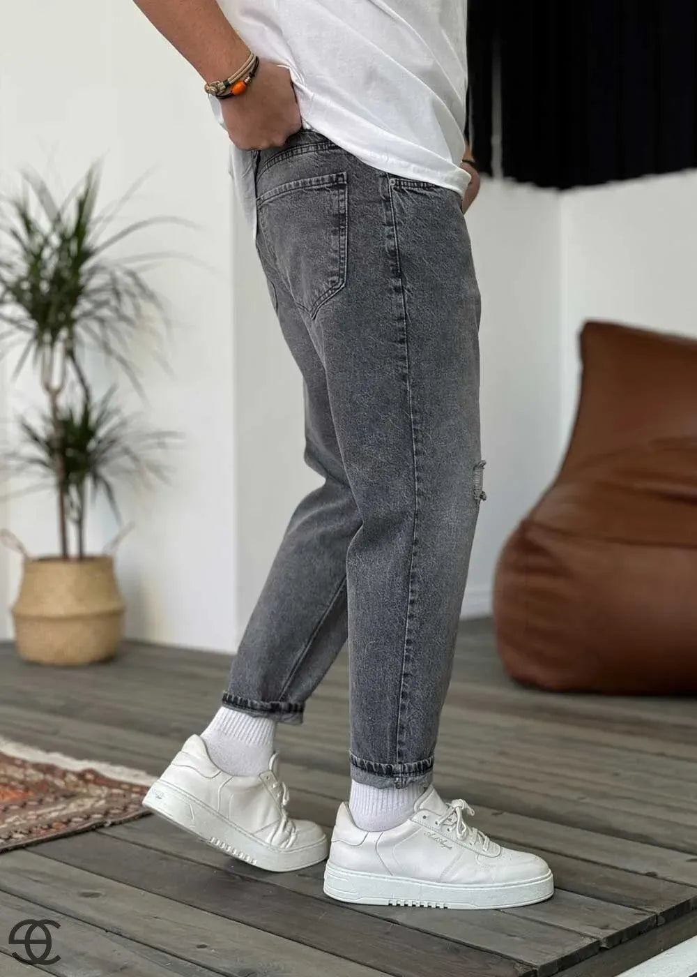 Παντελόνι Τζιν Loose Fit Με Μικρά Σκισίματα - Γκρι Σκούρο – 5