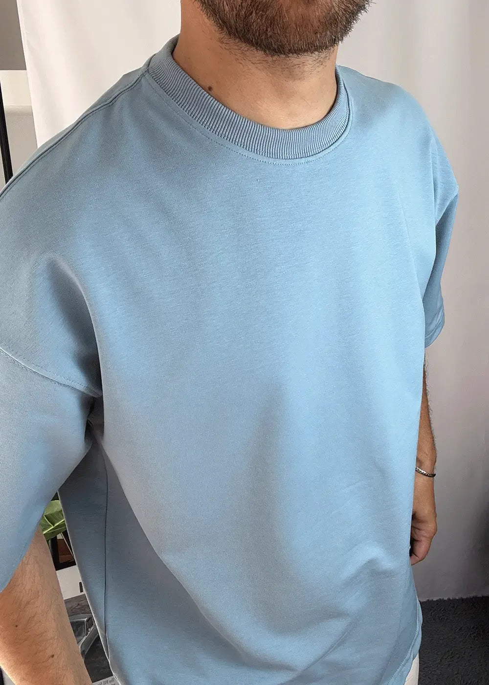 Basic Oversized T-Shirt Με Οβάλ Τελείωμα Σε Ύφανση Δύο Κλωστών – Γαλάζιο – 3