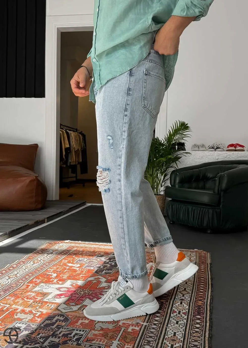 Παντελόνι Τζιν Loose Fit Με Σκισίματα Στα Γόνατα- Ρετρό Γαλάζιο – 3