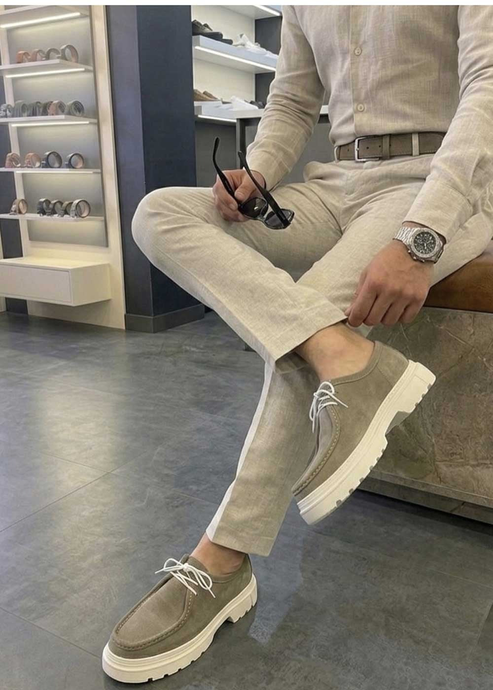 Chunky Suede Sneakers με Ανάγλυφη Σόλα – Λαδί – 3