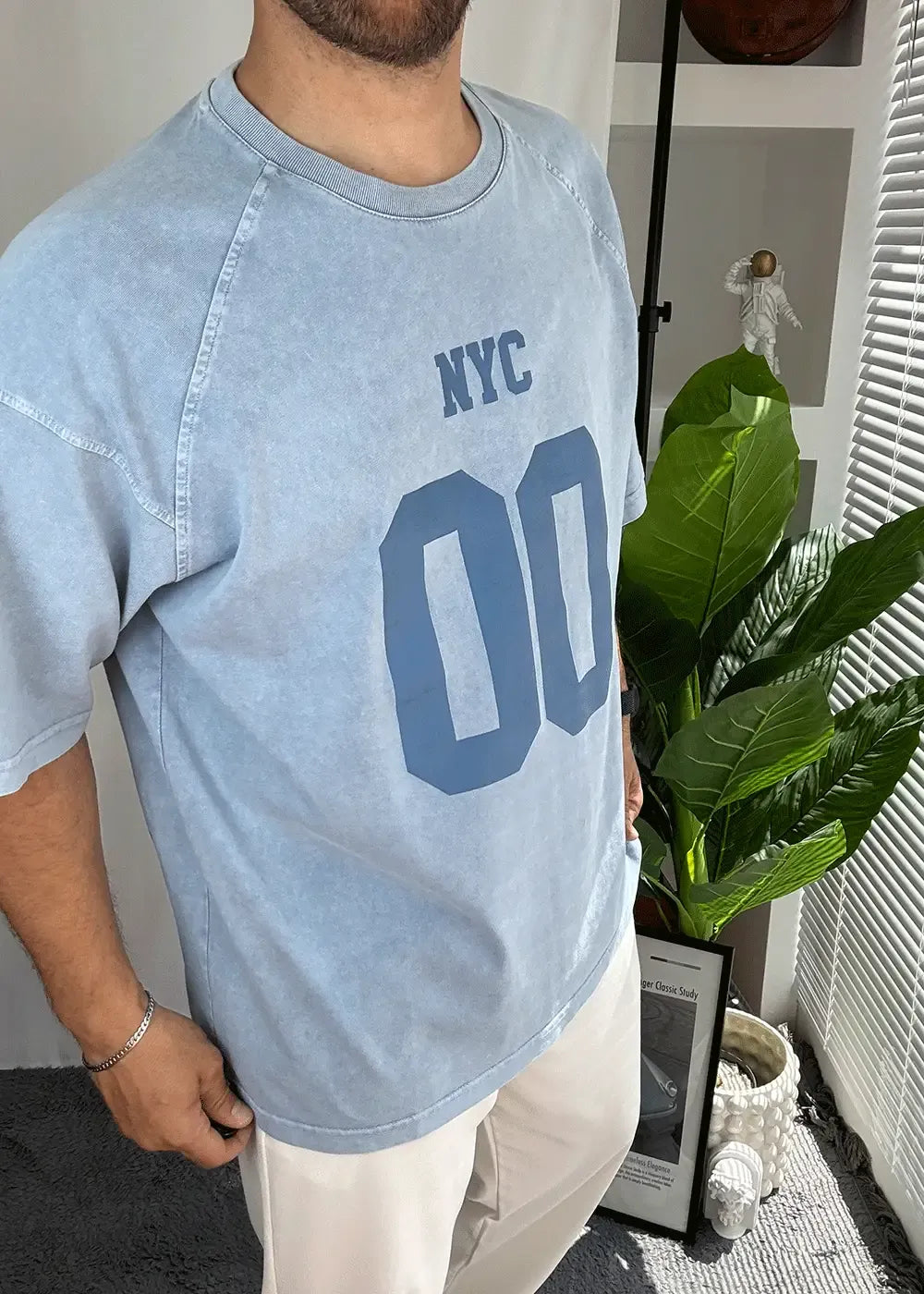 NYC Oversized T-shirt Με Τύπωμα Και Ξεβαμμένο Εφέ – Γαλάζιο – 3