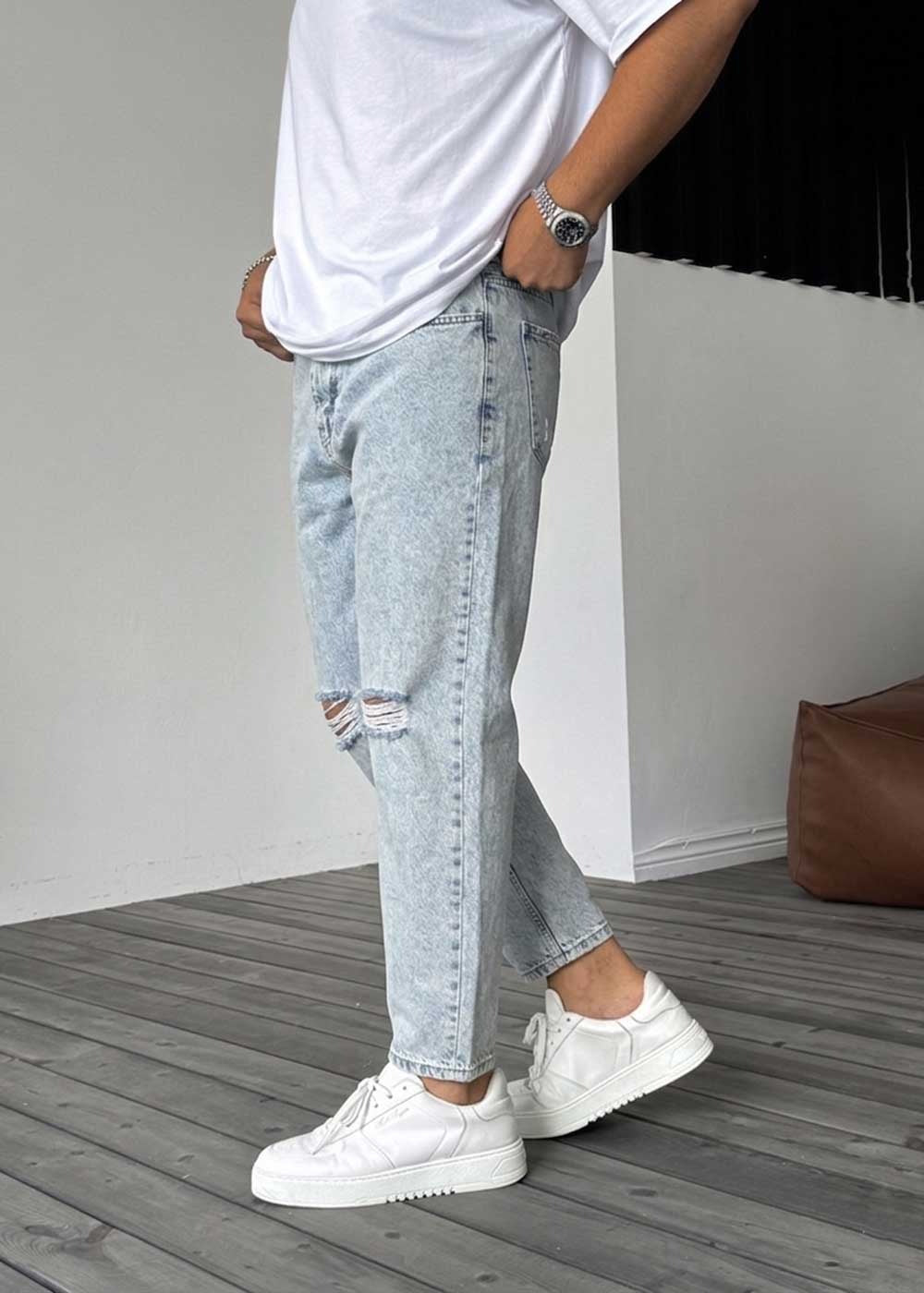 Παντελόνι Loose Fit Jean Με Σκίσιμο Στα Γόνατα  - Γαλάζιο – 2