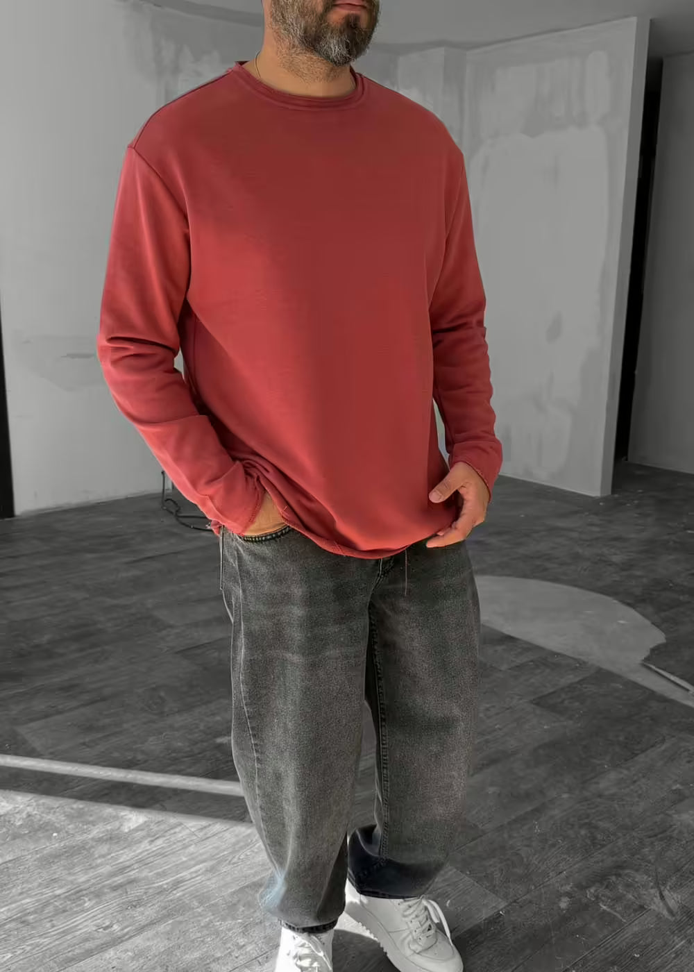 Oversized Λεπτή Μπλούζα Φούτερ Με Ξέφτια Στον Γιακά Και Στα Μανίκια - Σάπιο Μήλο