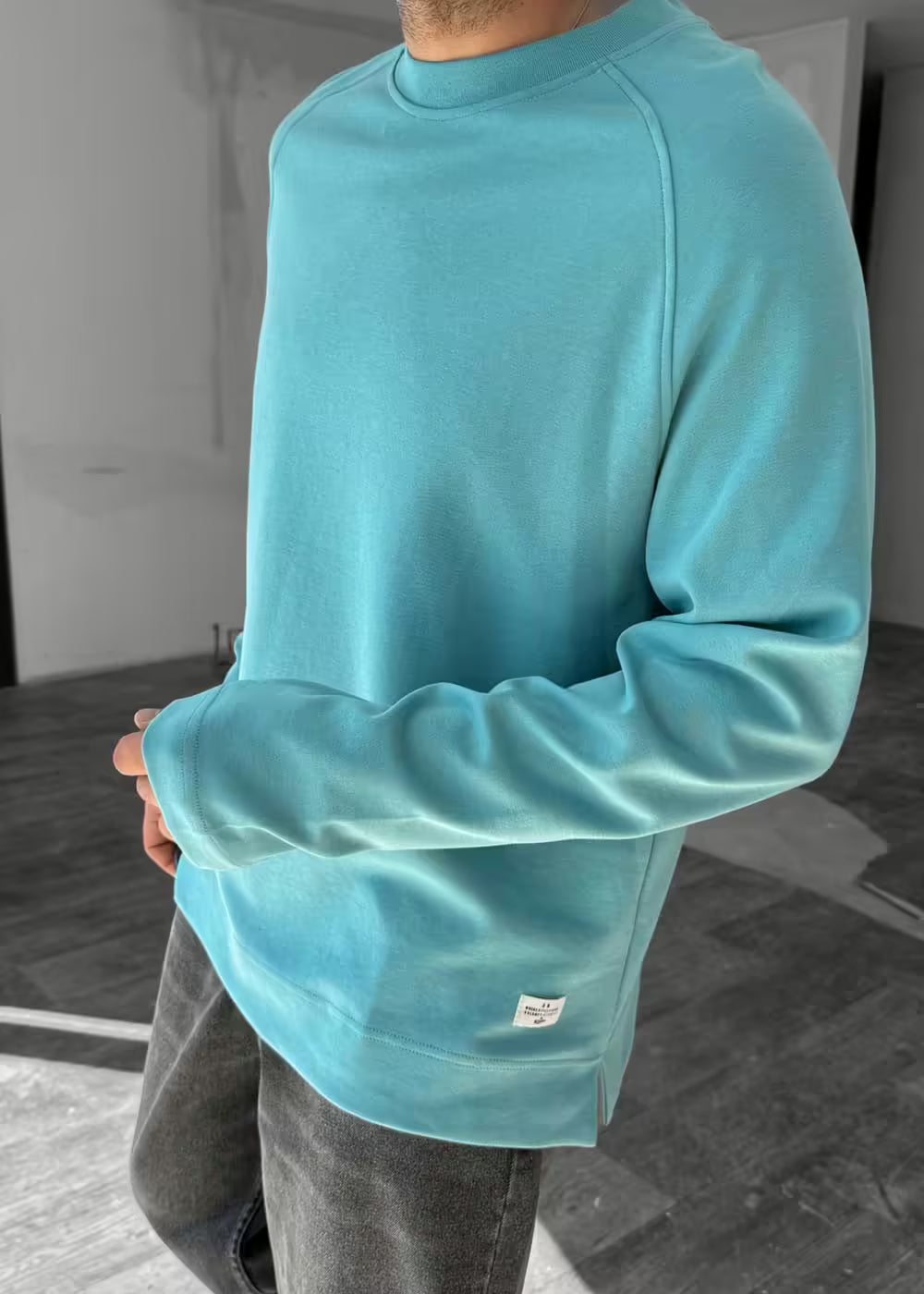 Oversized Λεπτή Μπλούζα Φούτερ Με Στρογγυλό Γιακά – Γαλάζιο Ουρανί