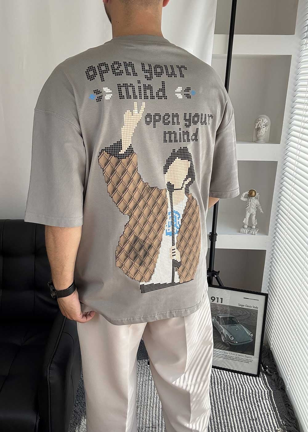 Open Your Mind Oversized T-Shirt με Τύπωμα – Γκρι – 3