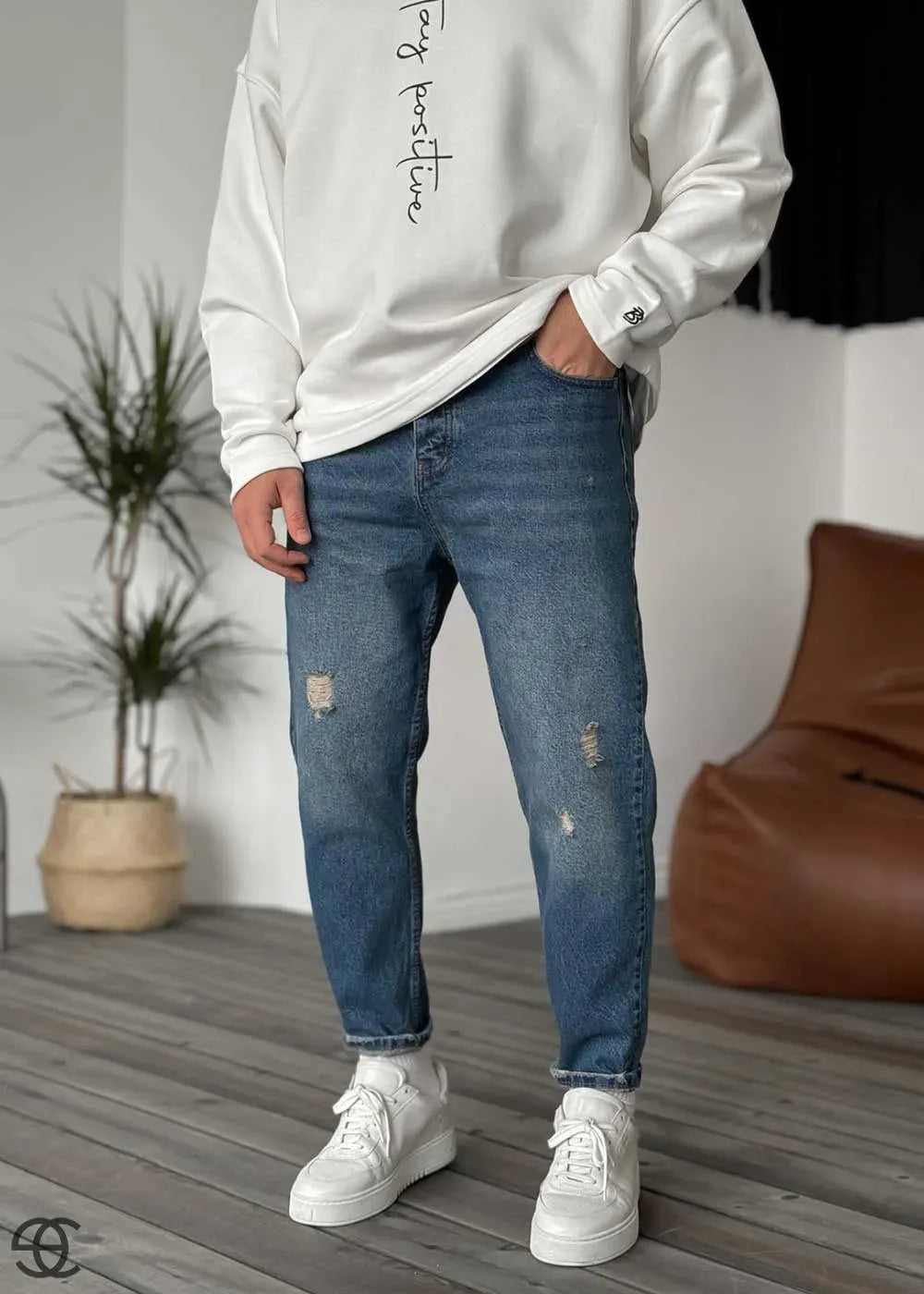 Παντελόνι Τζιν Loose Fit Ρετρό Επεξεργασμένο Μπλε Με Εφέ Πράσινου Και Σκισιματα