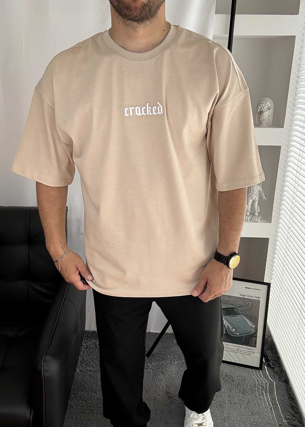 Cracked Oversized T-Shirt με Τύπωμα – Μπεζ – 3