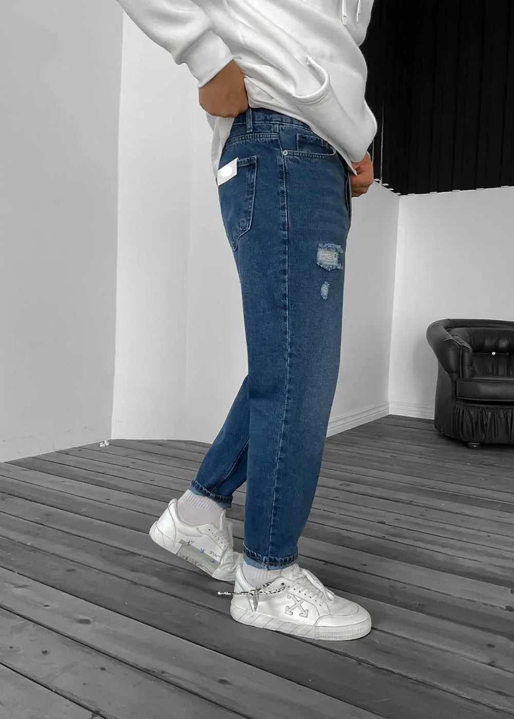 Παντελόνι Τζιν Loose Fit Με Σκισίματα Και Αντιθέσεις Στις Τσέπες – Μπλε – 2
