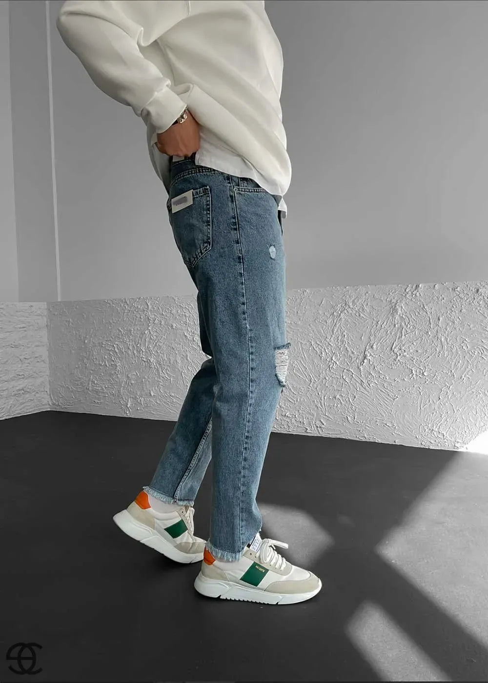 Παντελόνι Τζιν Loose Fit Με Σκίσιμο Στα Γόνατα Και Ξέφτια Στο Τελείωμα – Μπλε Επεξεργασμένο – 3