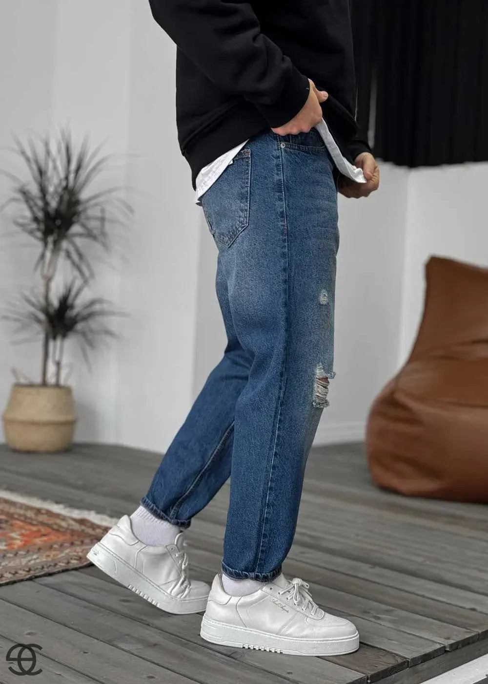 Παντελόνι Τζιν Loose Fit Πετροπλυμένο Με Σκίσιμο Στα Γόνατα - Μπλε – 4