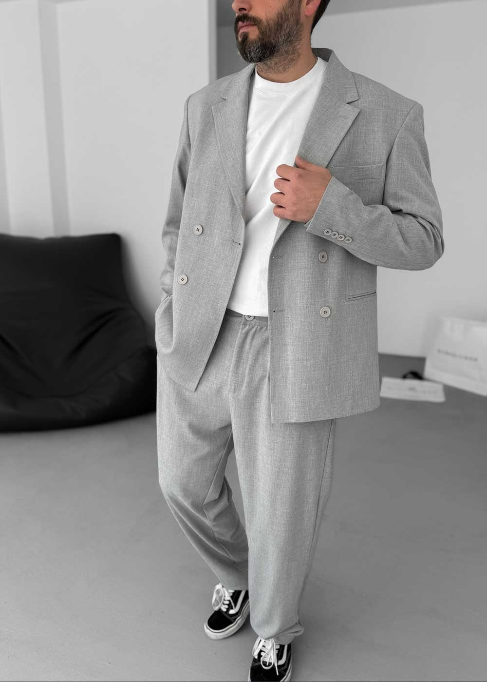 Premium Σετ Κουστούμι Σε Oversized Γραμμή- Ανοιχτό Γκρι – 3