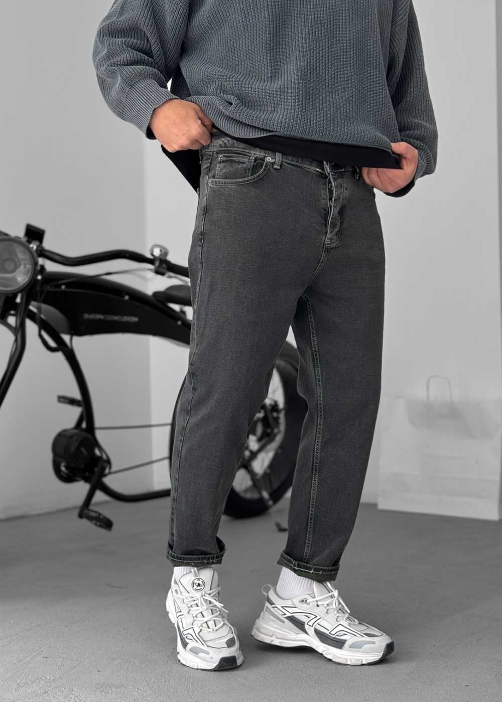 Παντελόνι Τζιν Loose Fit Με Ραφές Και Ελαστάν - Σκούρο Ανθρακί – 4