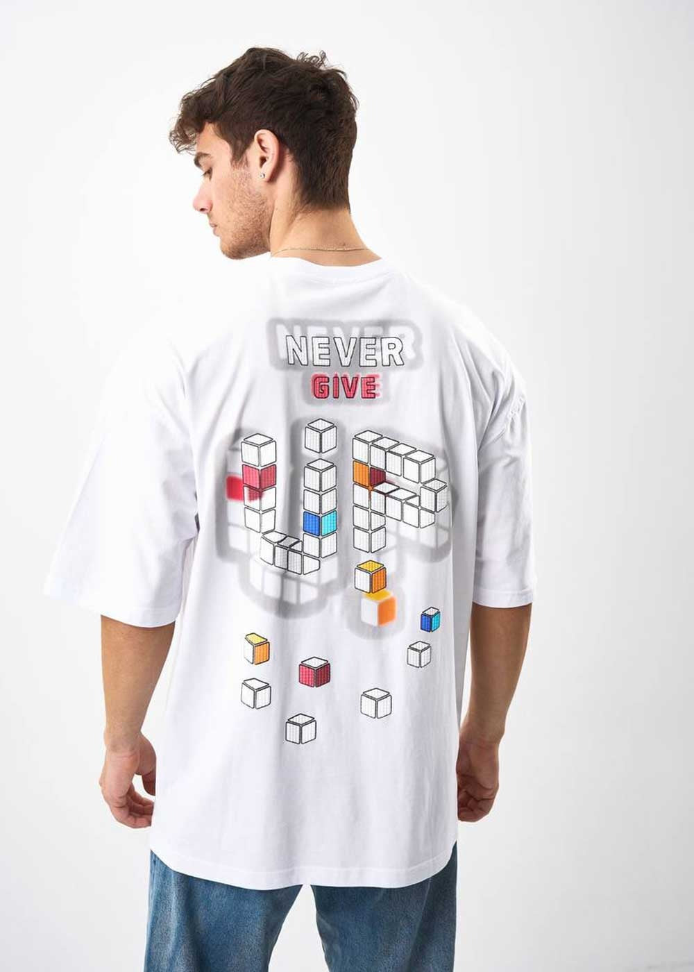 Oversized T-Shirt Never Give Up-Λευκό – 3
