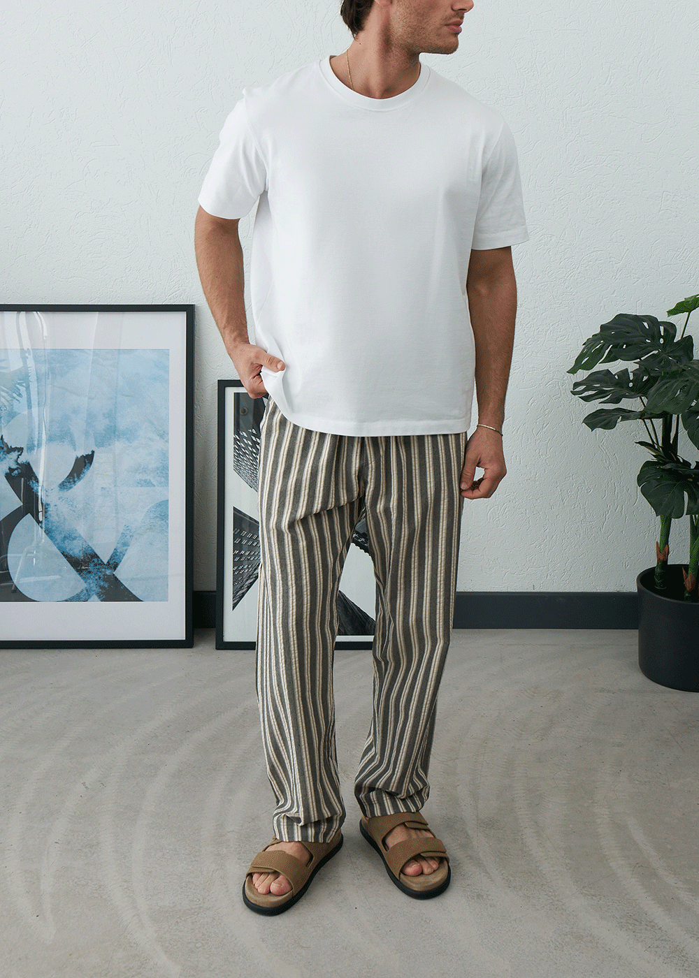 Παντελόνι Regular Baggy Seersucker Stripe Drawstring – Καφέ