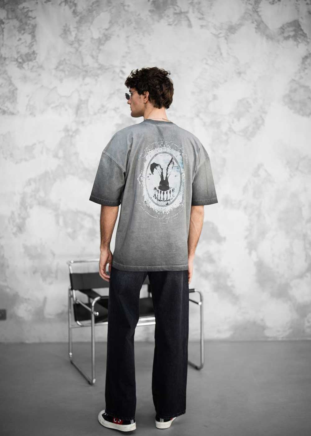 Vintage T-Shirt με Ψυχεδελική Στάμπα Λαγού – Γκρι Ξεβαμμένο – 3