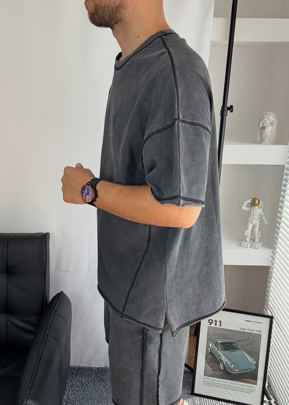 Faded Oversized Tshirt Με Ραφές – Ανθρακί Ξεβαμμένο – 3