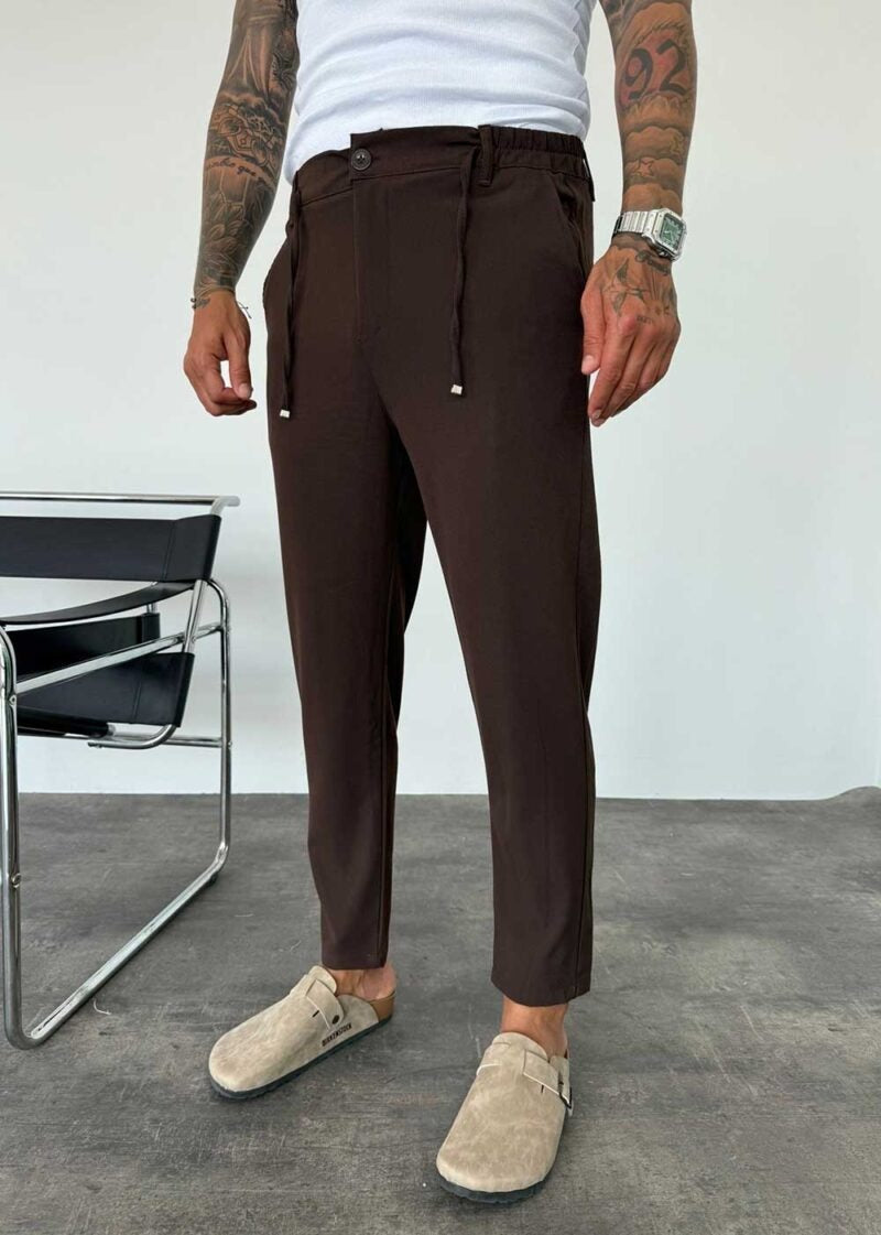 Relaxed Fit Υφασμάτινο Παντελόνι με Λάστιχο – Σκούρο Καφέ