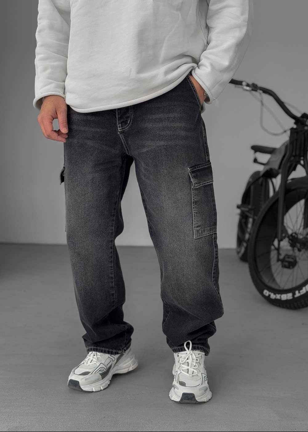 Cargo Baggy Denim Τζιν Με Ραφές – Ξεββαμένο Μαύρο