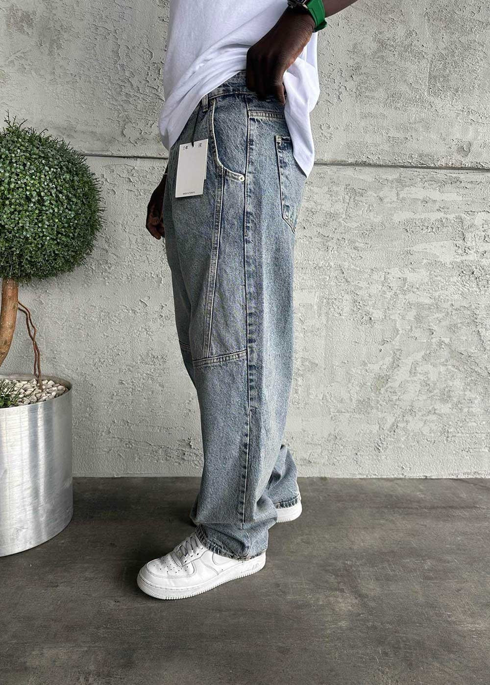 Γκρι Ice-Washed Utility Baggy Jean με Πλευρικές Ραφές – 2