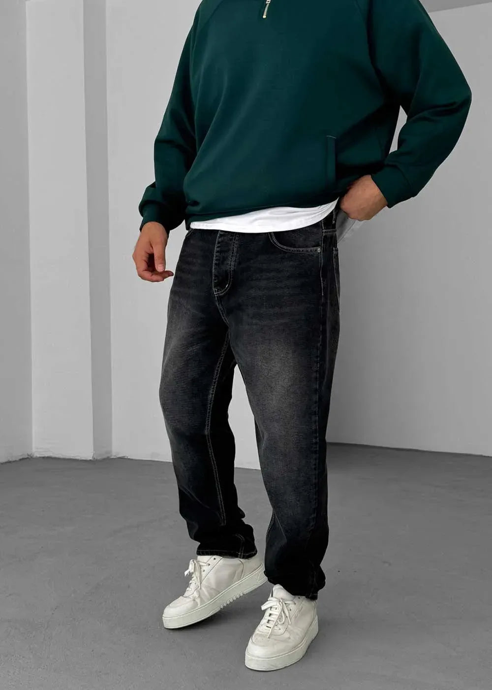 Baggy Denim Τζιν Παντελόνι Με Ραφές Και Ξεβαμμένο Εφέ – Ανθρακί – 8