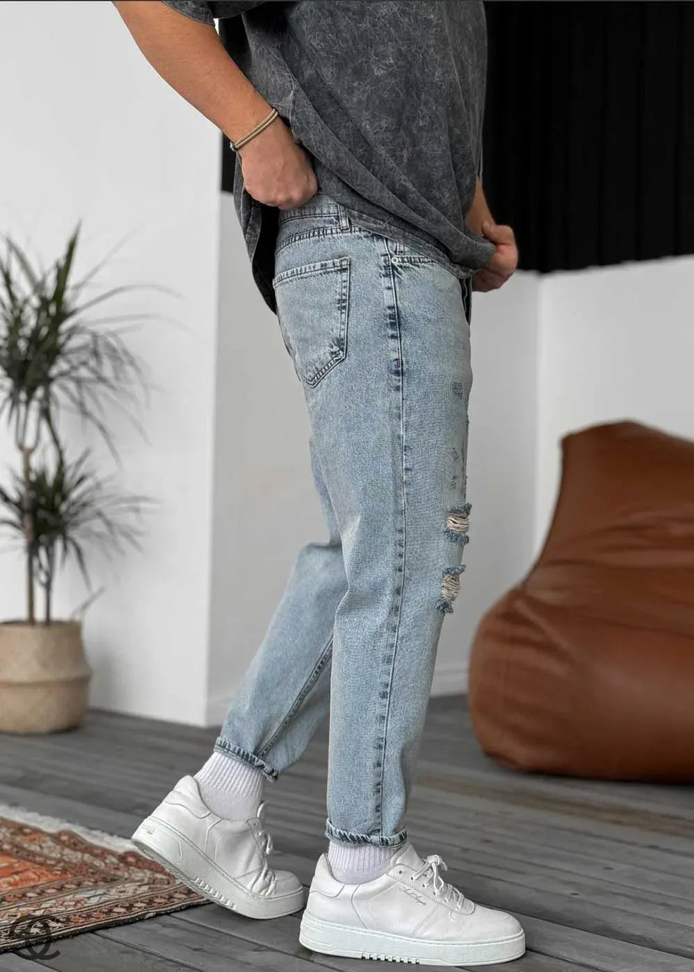 Παντελόνι Τζιν Loose Fit Με Σκισίματα -Επεξεργαμένο Γαλάζιο – 4