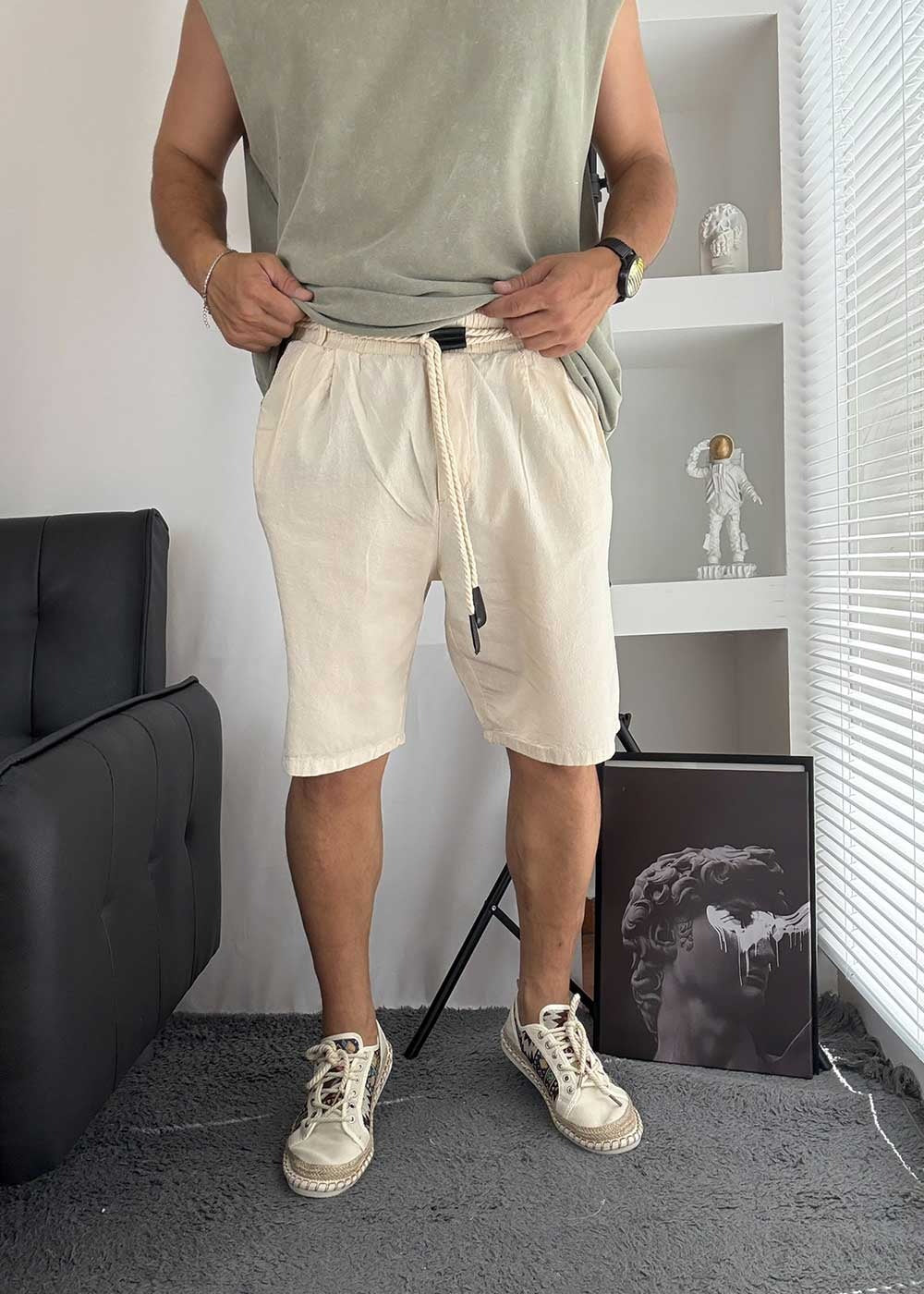 Oversized Λινή Βερμούδα Με Κορδόνι- Μπεζ – 3