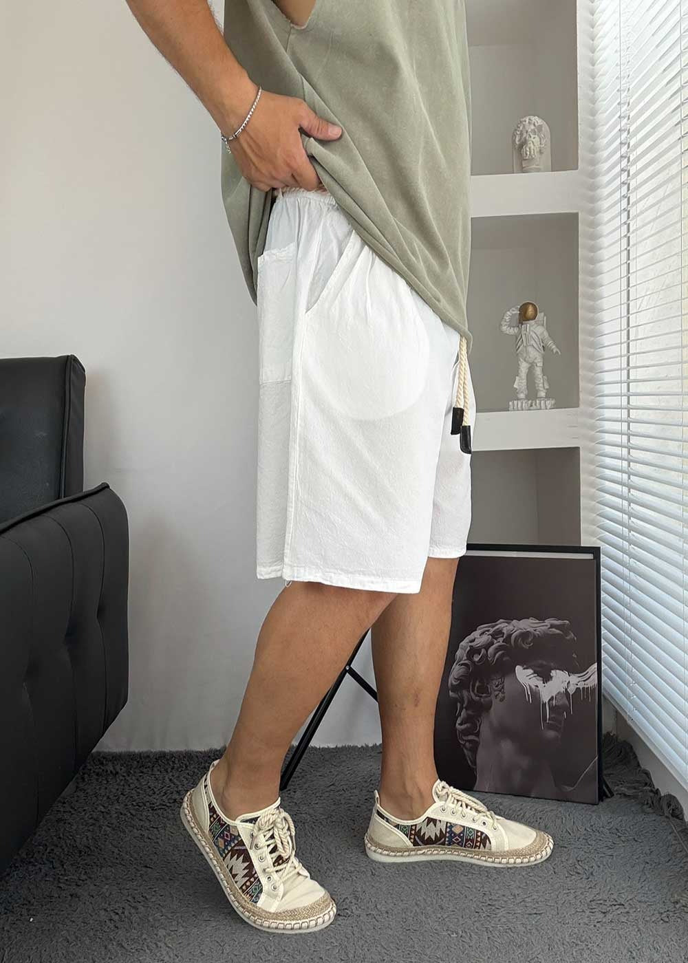 Oversized Λινή Βερμούδα Με Κορδόνι- Λευκό – 2