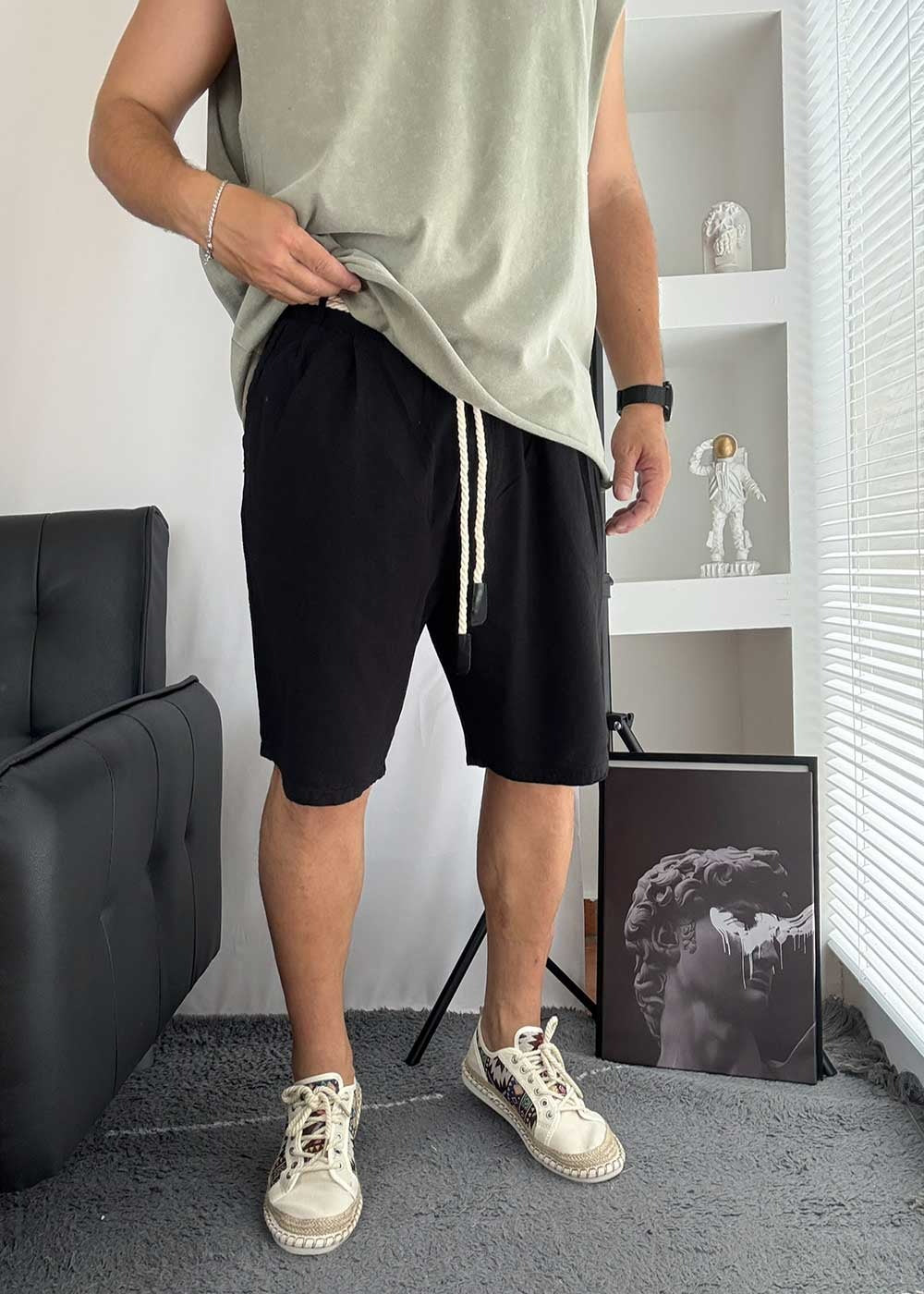 Oversized Λινή Βερμούδα Με Κορδόνι- Μαύρο – 3